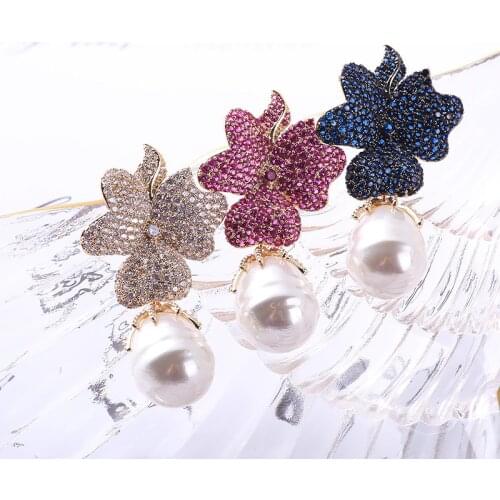 Bilincolor royal blue flower and white pearl drop earring fashion jewerlry for women