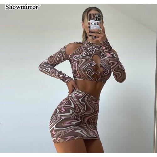 Showmirror Fashion Swirl Print Cut Out 2 Piece Set Skirts Outfits for Women Long Sleeve Mini Skirts Matching Sets Club Party