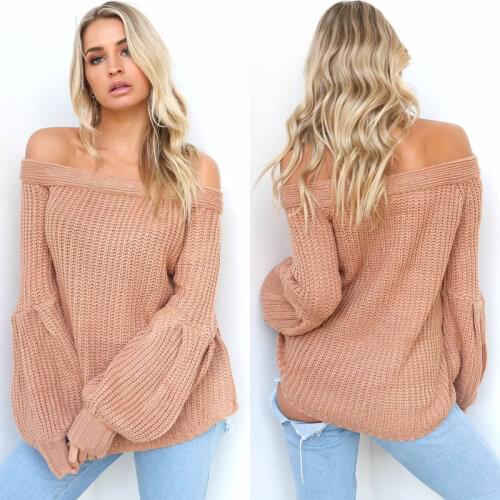 New Winter Autumn Fashion Women Ladies Sexy Off Shoulder Long Sleeves Loose Knit Sweater Stylish Womens Pullover Loose Knitwear