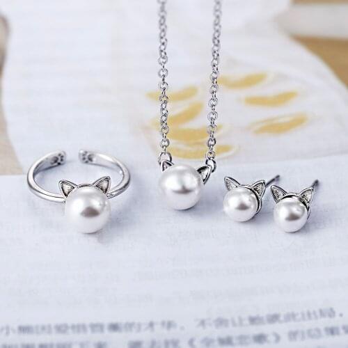 TJP Cute CAT Shaped Women Party Jewelry Sets 925 Silver Necklace Fashion Female Stud Earring Set Girl Lady Finger Ring Open