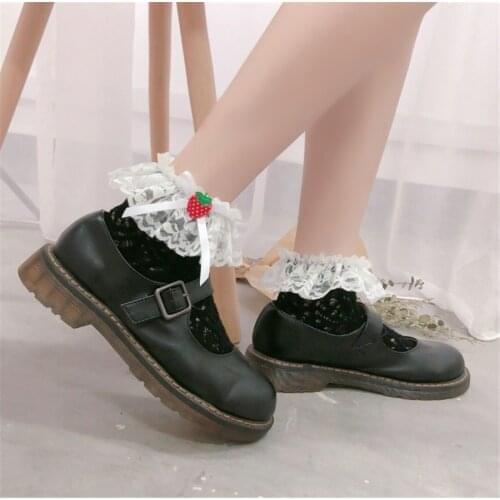 1Pair Sweet Strawberry Lace Lolita Girl Bow Strawberry Cotton Socks Ankle Socks D485