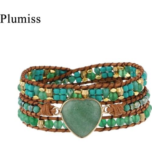 3 Layers Natural Stone Leather Wrap Bracelet Green Aventurine Quartzs Crystal Jaspers Beaded Boho Bracelets Jewelry for Women
