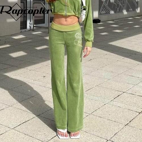 Rapcopter Green y2k Pants Velvet Vintage Cargo Trousers Straight Baggy Dragon Joggers Women Casual Basic Sportwear Autumn New