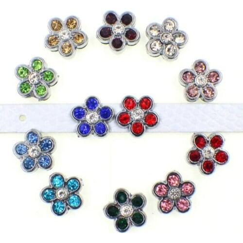24, 60)PCS/lot 8MM Colored Rhinestones Flower Slide Charms Fit For 8mm DIY Wristband Bracelet Phone Strips