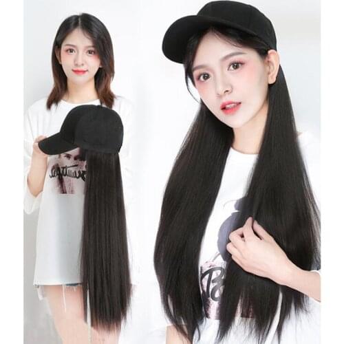 Long Synthetic Baseball Cap Wig Natural Black / Brown Straight Wigs Naturally Connect Synthetic Hat Wig Adjustable for Girls