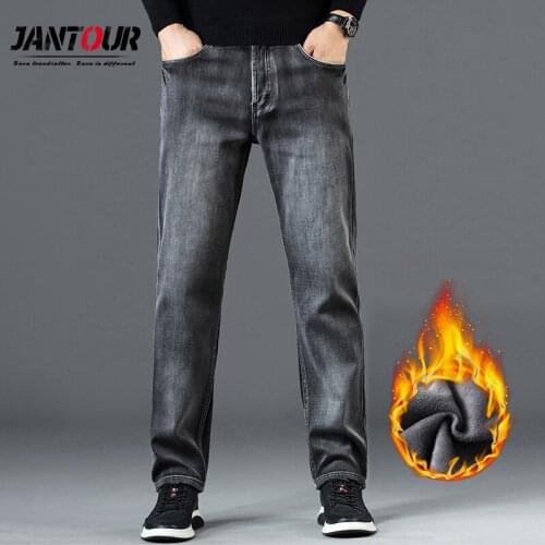 Jantour Winter Fleece Jeans Men Thicken Straight Pants Mens Gray Trousers Casual Loose Denim Vaqueros Hombre Big Size 35 38 40