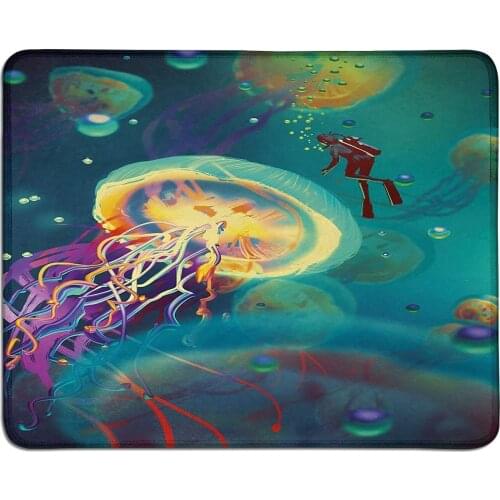 Fantasy mouse pad Giant Jellyfish and Diver in the Sea Underwater Submarine Aquatic Artwork Printcustom mouse pad Teal Purple