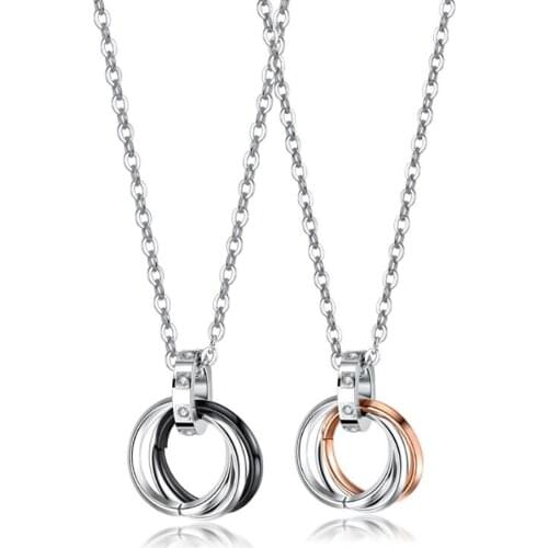 Stainless Steel Rose Gold Black Three Ring Inlaid Lovers Pendant Necklace Best Valentines Day Gift For Him