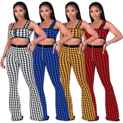 Echoine Women Houndstooth Print Two Piece Set Fitness Wrap Chest Tank Crop Top Zip-Up Flare Pants Suit Party Club Tracksuit Set