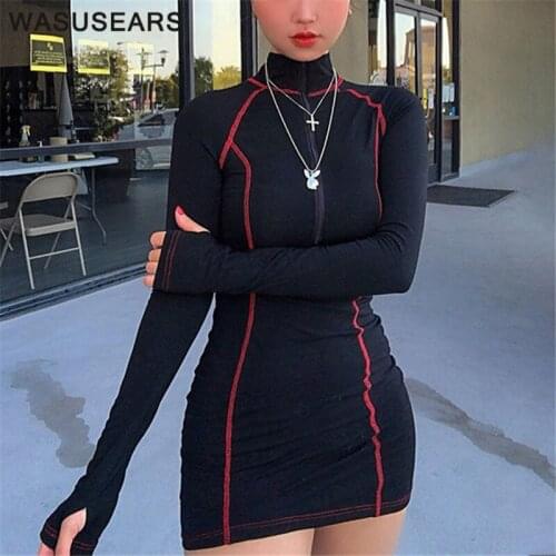 Bodycon mini dress sexy club wear long sleeve turtleneck dress patchwork black zipper dress elegant streetwear autumn 2020