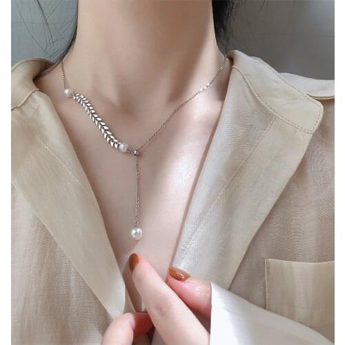 925 Sterling Silver Round Pearl Bead Leaf Shape Charm Pendant Necklace For Women Wedding Romantic Jewelry Choker Collar dz309