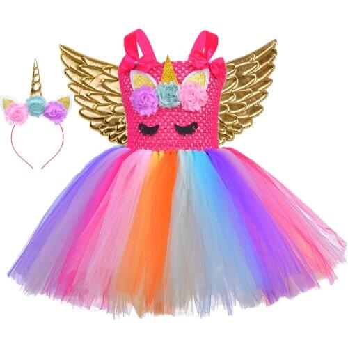 Unicorn Dress for Girls Birthday Party Clothes Rainbow Flowers Girls Princess Tutu Dress Kids Halloween Cosplay Unicorn Costumes