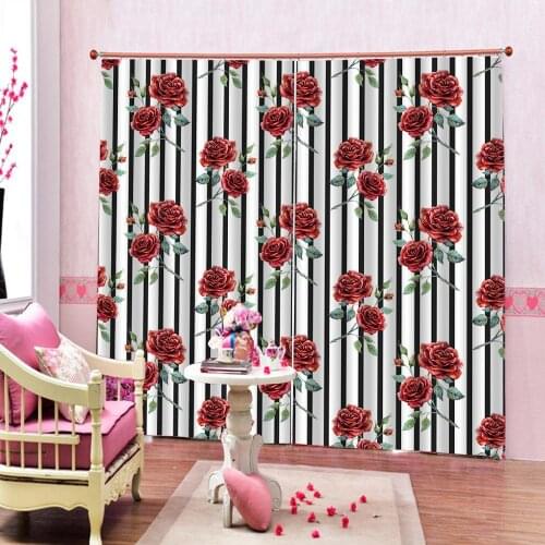 Luxury Custom 3D Curtains Retro Cute Cartoon Red Flowers Design Art Print Decor Striped background Fabric Blackout Curtains