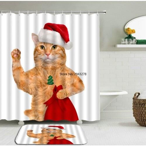 2Pcs/Set 3d Print Christmas Shower Curtain Set Mat Waterproof Polyester Cloth+Non-slip Mat Rug Toilet Bathroom Home Decoration