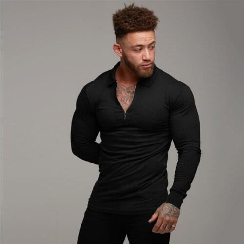 Polo Shirt Solid color Long Sleeve Casual Men Fashion Slim Fit Fitness Bodybuilding Mens Polo Shirt Autumn Cotton polosshirt