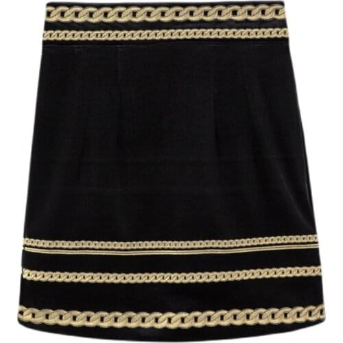 Wide Narrow Gold Thread Embroidered Chain A-line High Waist Buttocks Velvet Skirt Mall Goth Y2k Clothes 2021 Spring C977