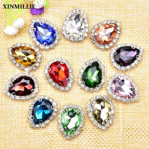 10PCS Top Grade Silver Bottom Glass Clear Crystal Buckle Mix Color 13*18mm Teardrop Sew On Rhinestone Wedding DIY Accessories