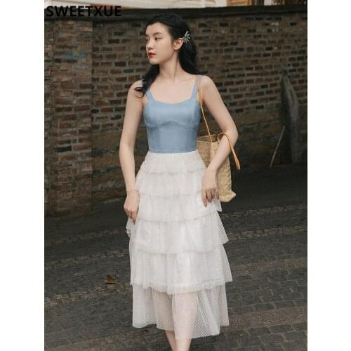 SWEETXUE 2021 Summer French Fashion Designer Retro Sling Dress Female Patchwork White Lace Cake Fairy Party Dress Vestidos