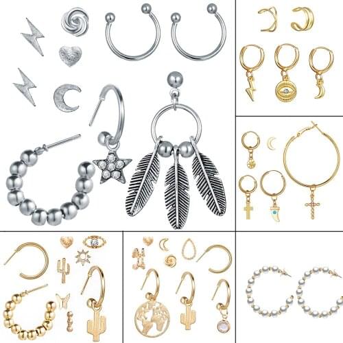 Boho Vintage Geometric Drop Earrings For Women Faux Pearl Crystal Cross Eye Moon Earth Cactus Pendant Earring Set Female Jewelry