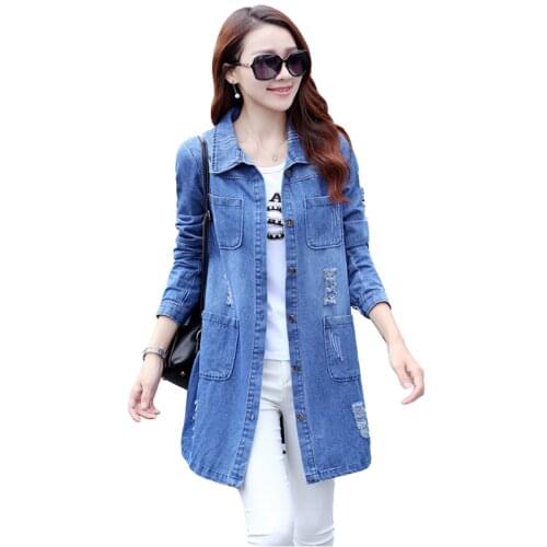 Spring Korean windbreaker womens fashion loose and thin plus big 5XL small medium long denim windbreaker jacket women overcoat