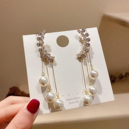 IOY IRENE S925 Needle Crystal Pearl Tassel Earring For Women Earclips Trendy Elegant Dangle Earrings Fashion Jewelry 2021