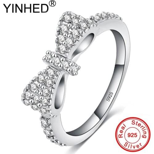 YINHED Lovely Cute Bow-Knot Ring Real 925 Sterling Silver Micro Pave CZ Wedding Rings For Women Birthday Gift ZR667