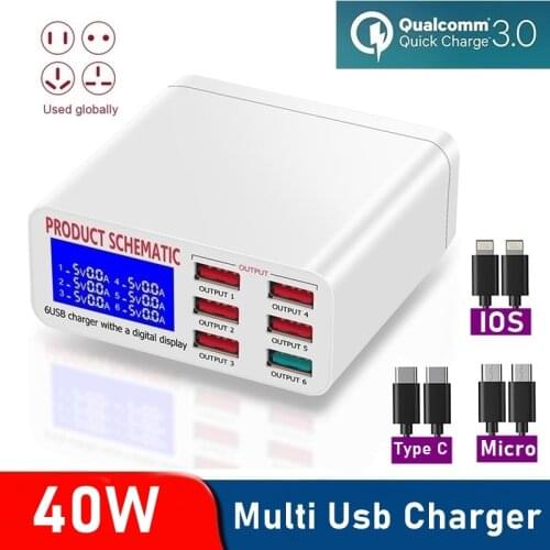 40W USB Phone Charger With LCD Display QC3.0 6 Port Fast Usb Portable Phone Charging Station for Iphone Samsung Xiaomi Tablet