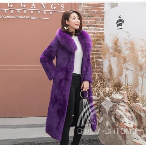 New Real genuine natural full pelt rabbit fur coat with fox fur collar women fashion jacket custom any size