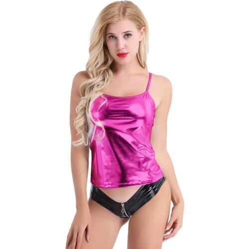 Women Shiny Metallic Patent Leather Spaghetti Straps Sexy Tank Top Club Party Festival Rave Costume Performance Pole Dance Tops