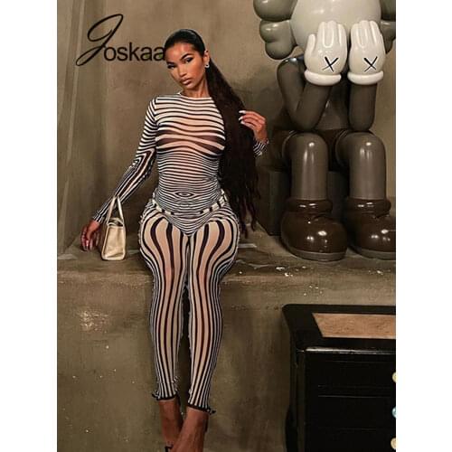 Joskaa Sexy Two Piece Pants Sets Mesh Stripe Printed Long Sleeve T-Shirt Pencil Trousers Women Outfits Fall 2021 Party Clubwear