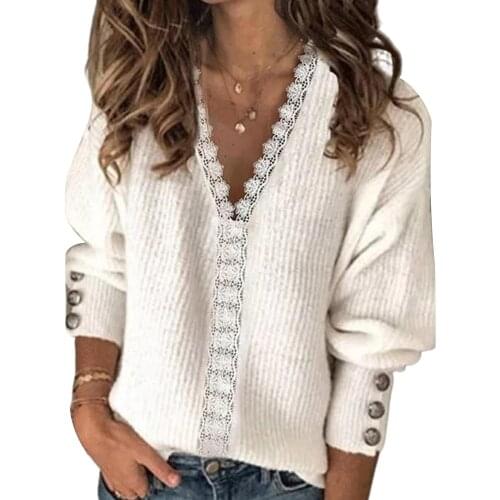 2021 Fashion Women Lace patchwork Sweaters Solid Color Long Sleeve Winter Sexy V Neck Lace Patchwork Knitwear Pullover Blouse