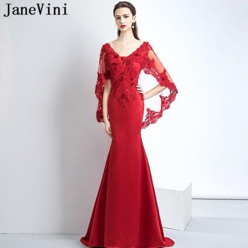 JaneVini Elegant Arabic Red Mermaid Prom Dress V Neck Appliques Beaded Backless Satin Prom Dresses Plus Size Gala Jurken Dames