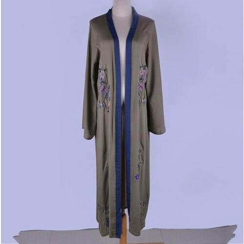 Women Flowers Embroidery Beach Kimono Holiday Army Green Vintage Swimwear Cover-Ups Long Sleeve Spring Autumn 2021 Outer Cover