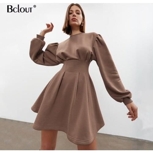Bclout Knitted High Waist A-Line Mini Dresses Woman Elegant O Neck Long Sleeve Brown Party Pleated Dress Office Solid Dress 2021