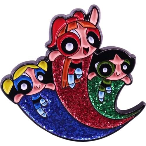 Feminist Girls Trio Metal Enamel Pin With Glitter Accents Cool Cartoon Hero Accessory