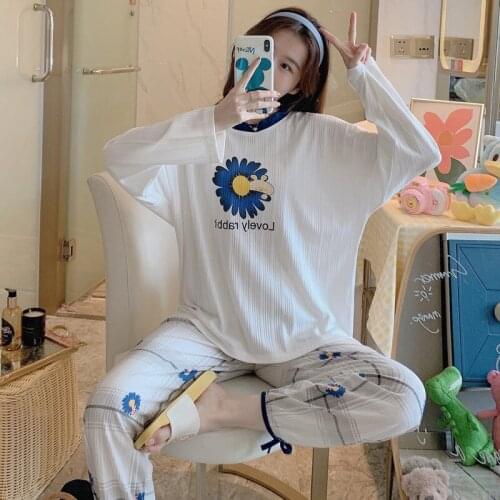 2020 New Autumn Long Sleeve Loose Cotton Pajama Sets Women Casual Plaid Pants Sleepwear Suit Homewear Pijama Mujer Home Clothes