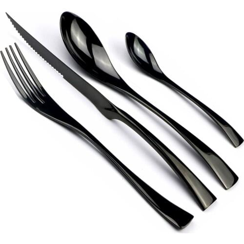 24 Pcs Shiny Black Dinnerware Cutlery Set Stainless Steel Sharp Steak Dinner Knives Forks Scoops Tableware Silverware Set
