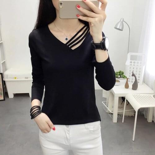 Camiseta Feminina 2019 Autumn V-Neck Hollow Out Tshirt Women korean Long Sleeve Cotton T Shirts White t-shirt Femme Casual Tops