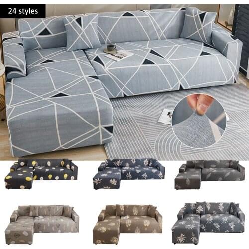 Geometric Light Blue L Shape 1 2 3 Seater Chaise Longue Sofa Covers for Living Room Elastic Stretch Covers Corner Sofa Protector