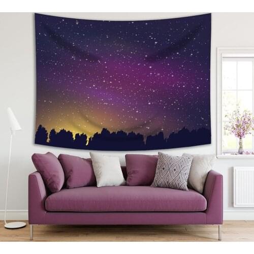 Tapestry Stars in Summer Night Sky over Trees Forest Nature Countryside Purple Mustard Black Photo Printed