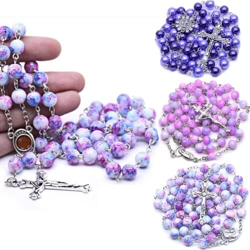 Catholic Porcelain Rosary Prayer Necklace Mary Blessing Rosary Prayer Necklace Porcelain Cross Shaped Beads Rosary Pendent