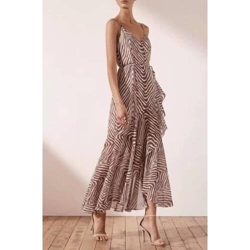 Coffee Striped Sling Dress Womens 2021 New Sexy Deep V neck Backless Irregular Ruffles Mermaid Dresses Summer Holiday Dress New