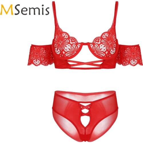 Erotic Lingerie Set for Womens Strappy Underwired Unlined Bra with Mesh Panties Sexy Erotic Underwear Sleepwear for Anniversary