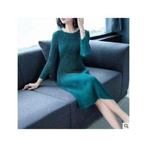 HOT SELLING Miyake Fold solid o-neck three quarter fashion Willow pleat A-line dress IN STOCK