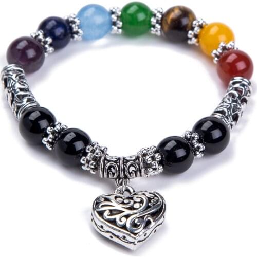 Hot Sale Men Women 10mm Bracelets 7 Chakra Healing Balance Beads Heart Charm Bracelet For Female Reiki Prayer Stones Jewelry