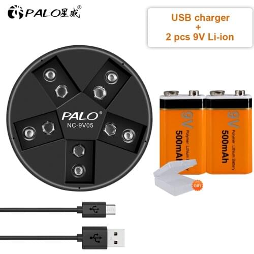 PALO 9V li ion battery rechargeable lithium li-ion 9V 6f22 batteries + 5 slots usb 9v battery charger for nimh li-ion battery