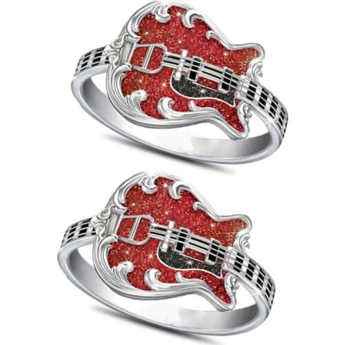 Ofertas Creative Gothic Style Hip Hop Punk Exquisite Red Guitar Zinc Alloy Ring for Men Birthday Party Banquet Jewelry