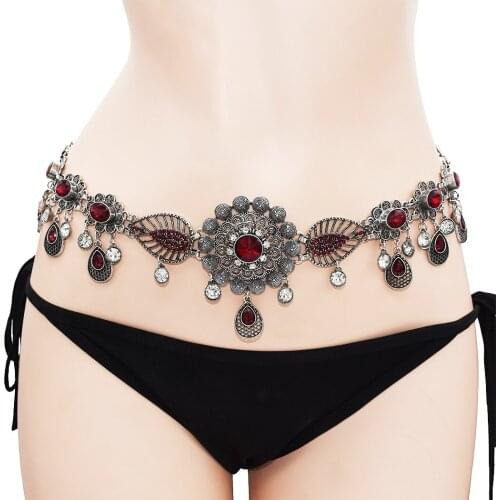 New Product Trend Alloy Red Rhinestone Waist Chain Flower Water Drop Pendant Belly Dance Accessories Body Chain Waist Chain