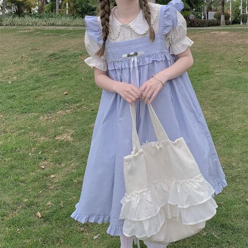 Japanese Sweet Girl Lolita Dress Kawaii Cute Ruffle Flower Bow Condole Belt Drees Women Solid Color Elegant Retro Lady Drees