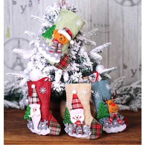 Santa Socks Tartan Cloth Dolls Linen Stocking Christmas Tree Pendant Xmas Ornaments Gift Bag Merry Christmas Decor For Home 2021